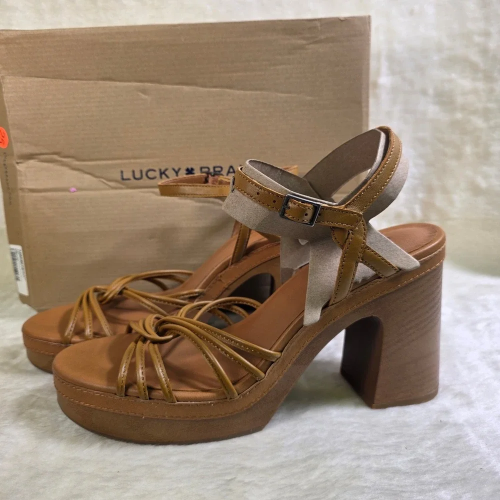 Lucky Brand Platform Sandals Brown Leather Strappy Block Heel Women 11 New